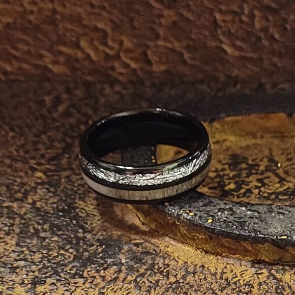 Men's Real Black Tungsten Wedding Ring Meteorite and Deer Antler Inlays - Picture 5 of 10